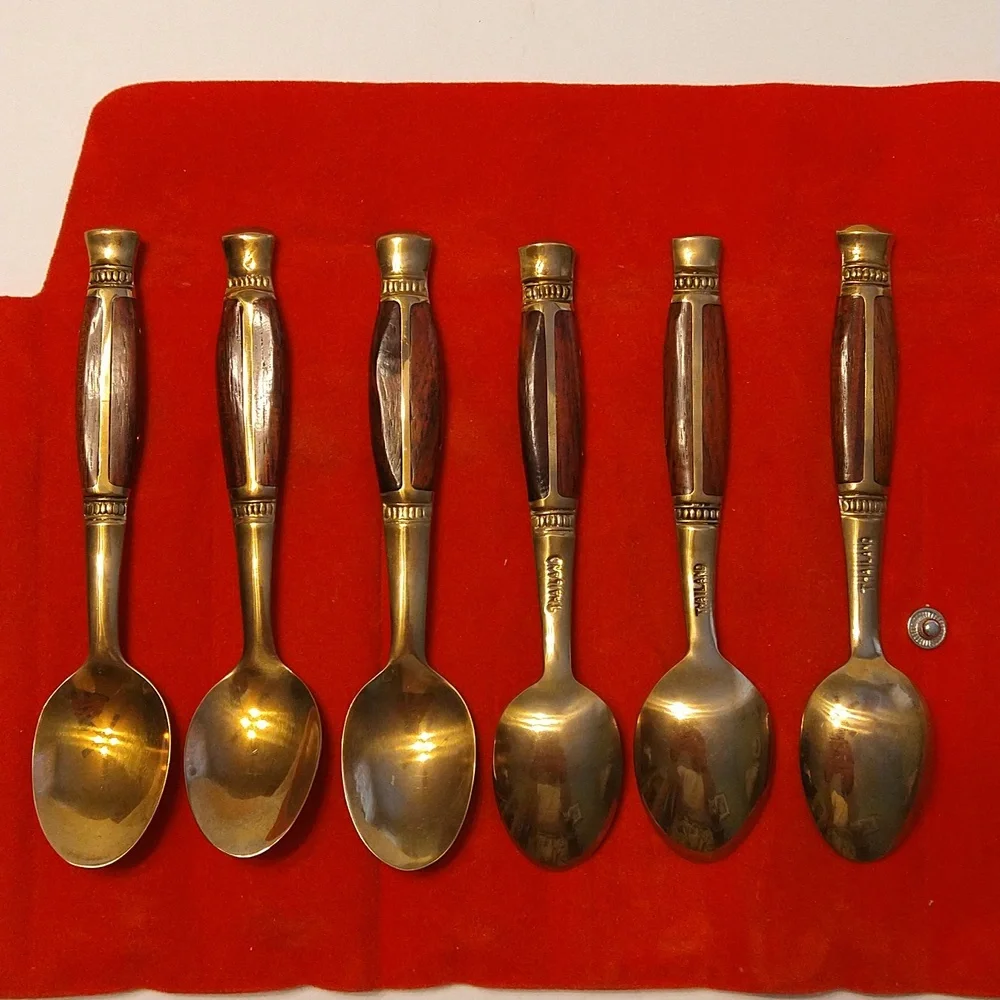 6 Vintage Brass and Rosewood Demitasse Spoons in Original Red Velvet case